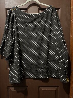 Black Polka Dot Boatneck Top with Gold Colored Shoulder Buttons and 3/4 Sleeves